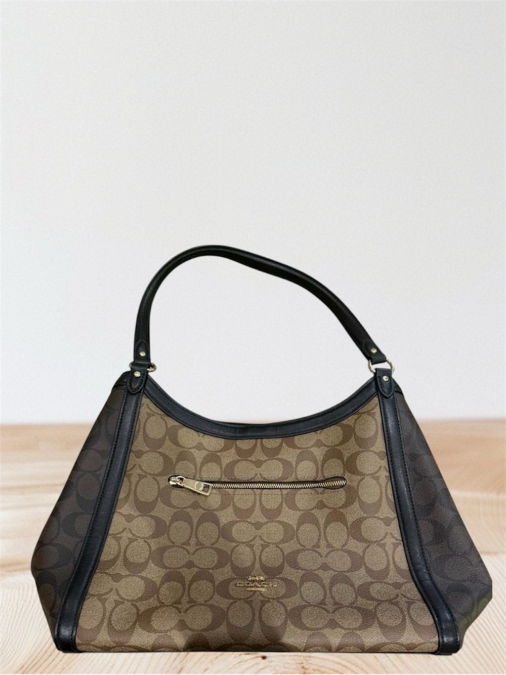 Coach Brown Signature Canvas Shoulder Bag with Black Trim